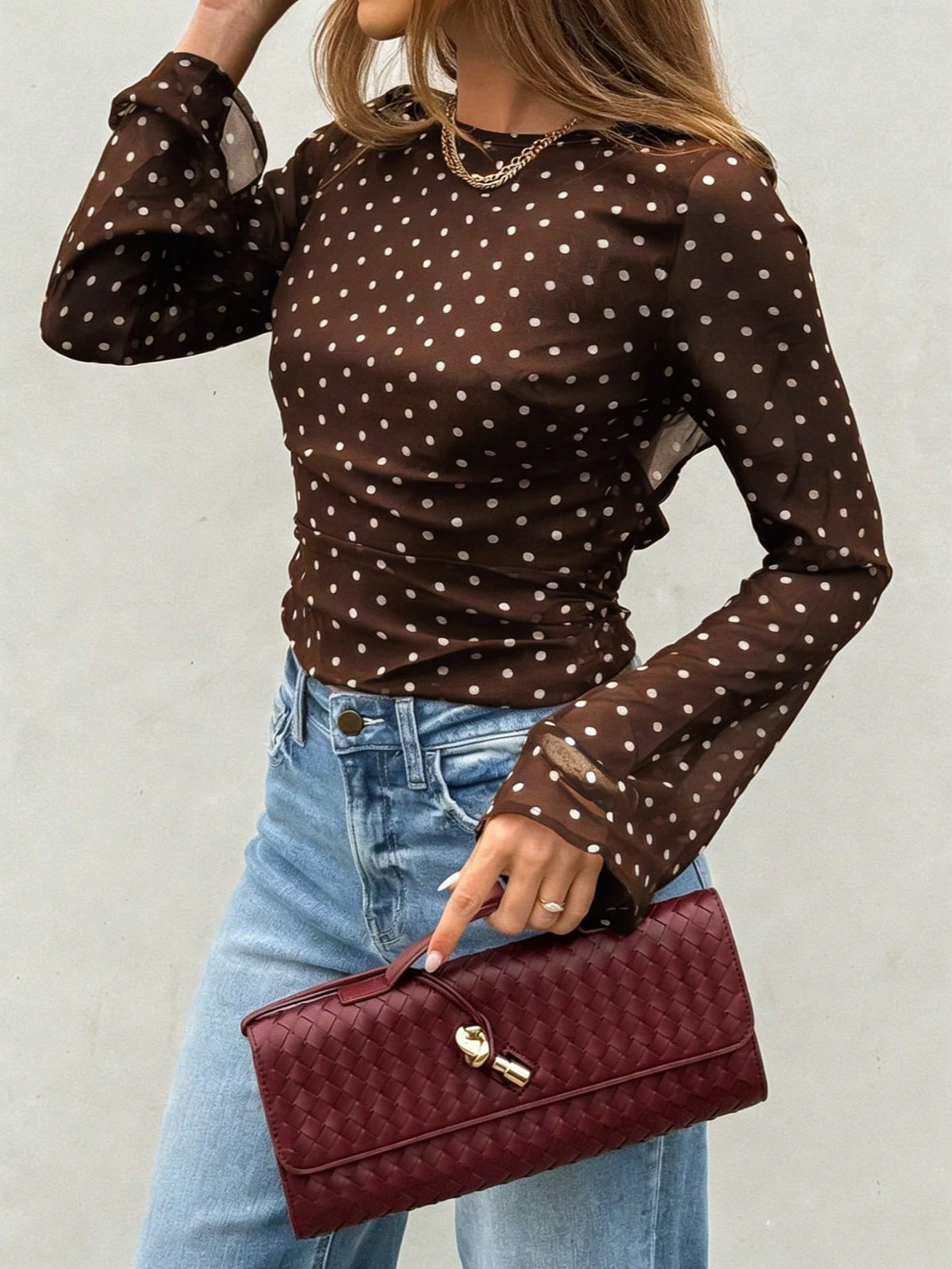 Women's Polka Dot Semi-Sheer Flare Sleeve Round Neck Fashionable Backless Bow Tie Blouse, Suitable For Spring And Summer