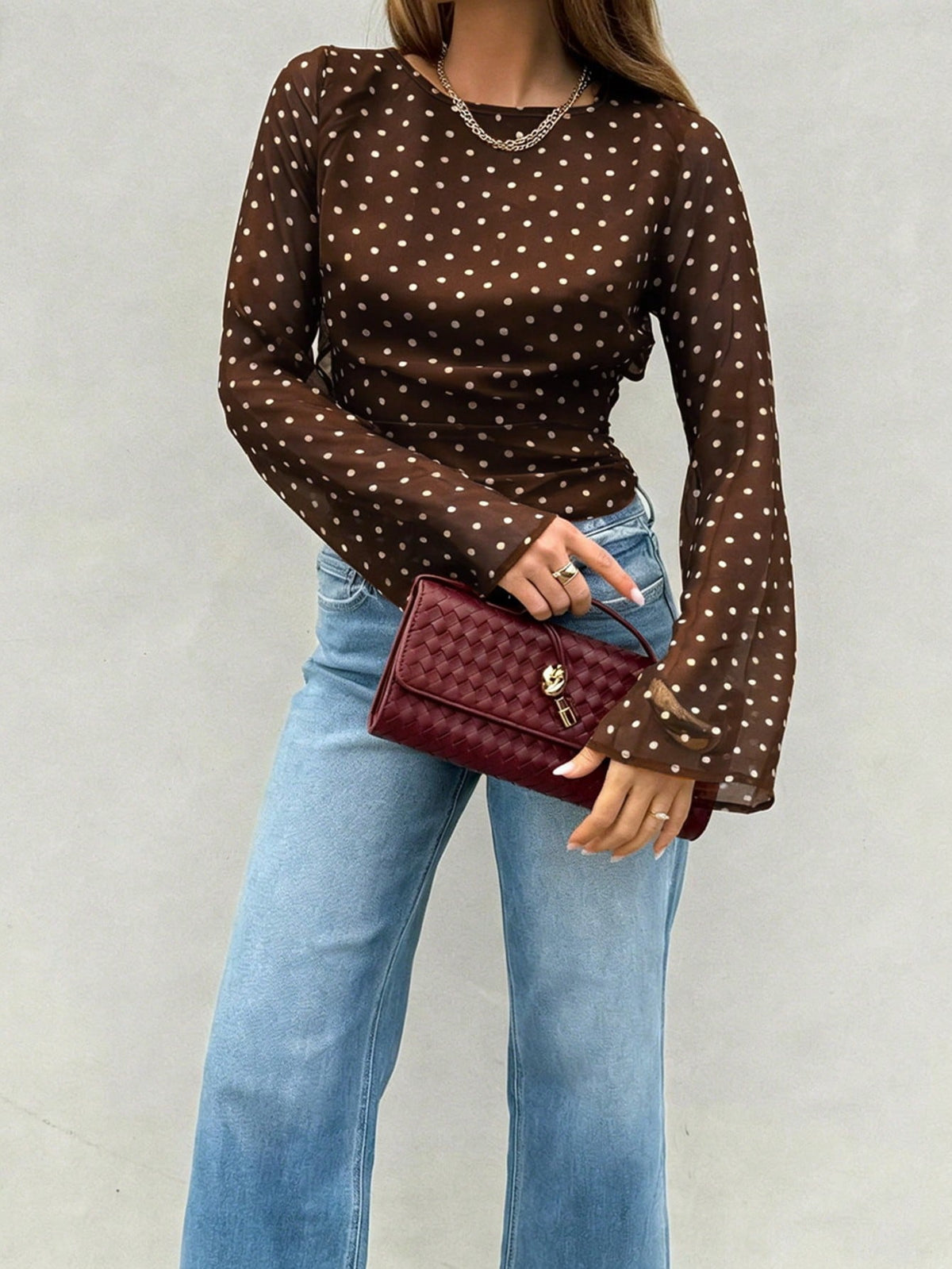 Women's Polka Dot Semi-Sheer Flare Sleeve Round Neck Fashionable Backless Bow Tie Blouse, Suitable For Spring And Summer