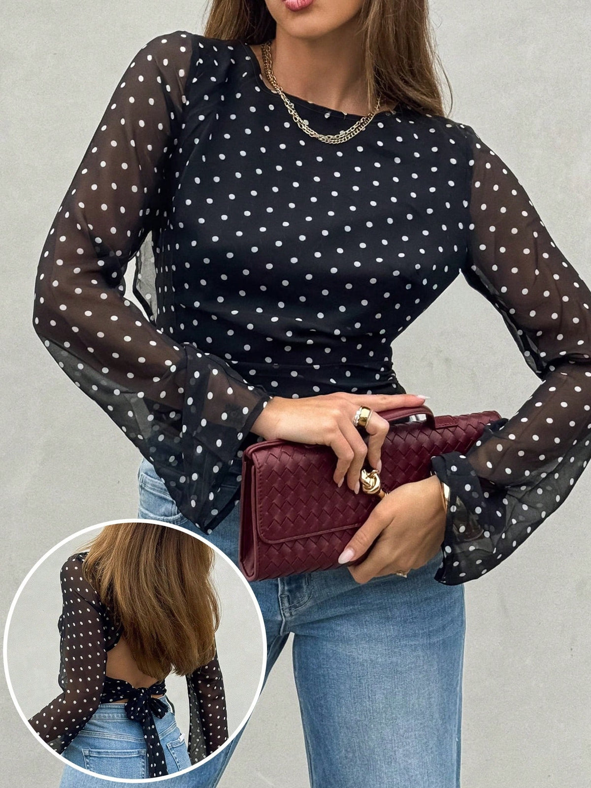 Women's Polka Dot Semi-Sheer Flare Sleeve Round Neck Fashionable Backless Bow Tie Blouse, Suitable For Spring And Summer