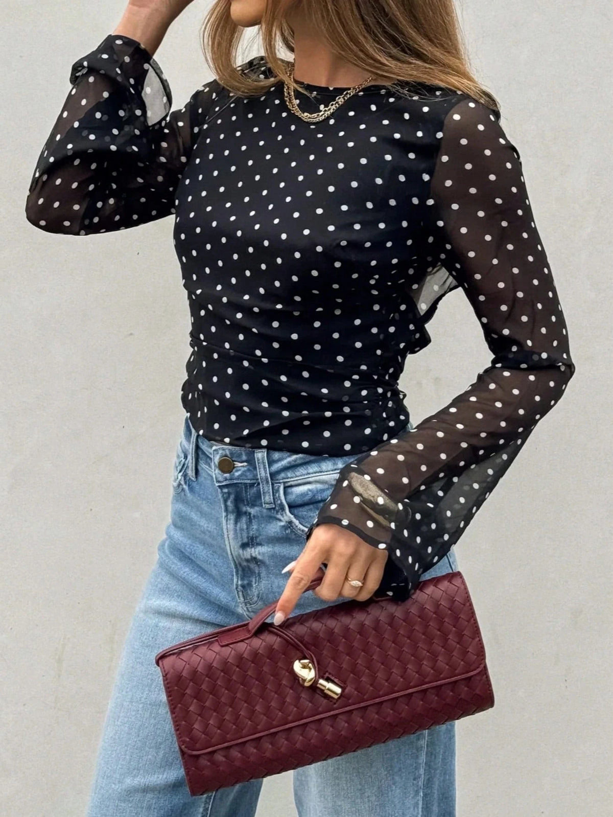 Women's Polka Dot Semi-Sheer Flare Sleeve Round Neck Fashionable Backless Bow Tie Blouse, Suitable For Spring And Summer