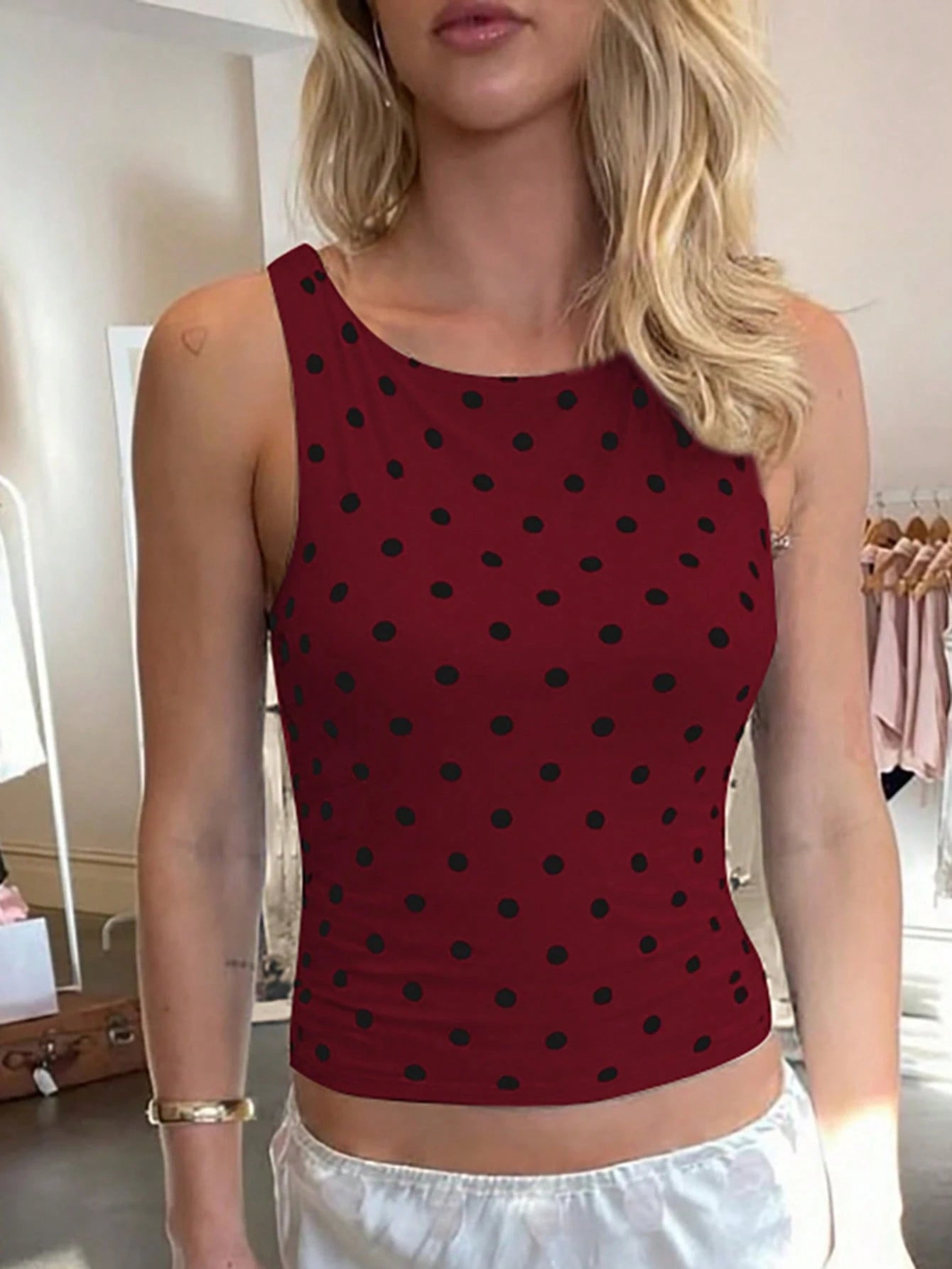 Women's Polka Dot Sleeveless Camisole Crop Top, Sexy Fashion Casual Streetwear Clubwear For Summer