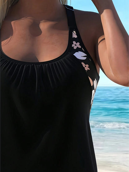 Women's Printed Camisole Tank Top Set, Backless Drawstring Top With Bikini Shorts Swimsuit, Cute Sexy Beachwear Vacation Summer Black