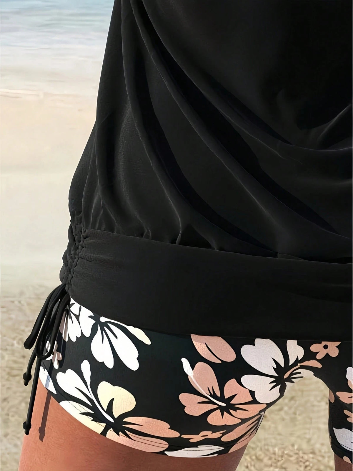 Women's Printed Camisole Tank Top Set, Backless Drawstring Top With Bikini Shorts Swimsuit, Cute Sexy Beachwear Vacation Summer Black