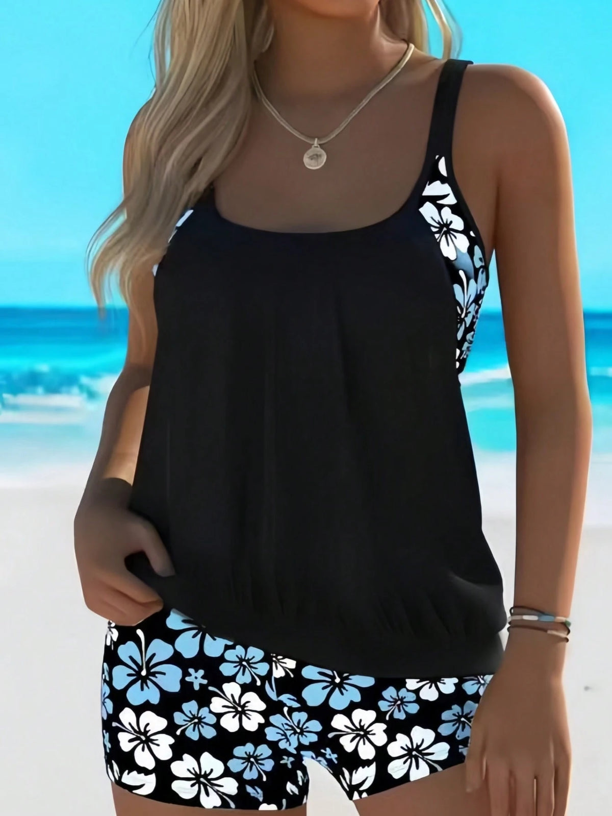 Women's Printed Camisole Tank Top Set, Backless Drawstring Top With Bikini Shorts Swimsuit, Cute Sexy Beachwear Vacation Summer Black