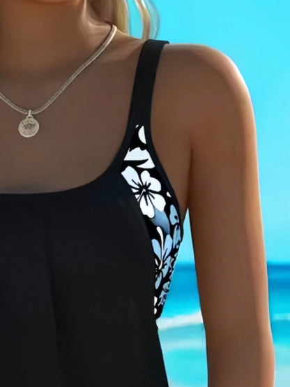 Women's Printed Camisole Tank Top Set, Backless Drawstring Top With Bikini Shorts Swimsuit, Cute Sexy Beachwear Vacation Summer Black