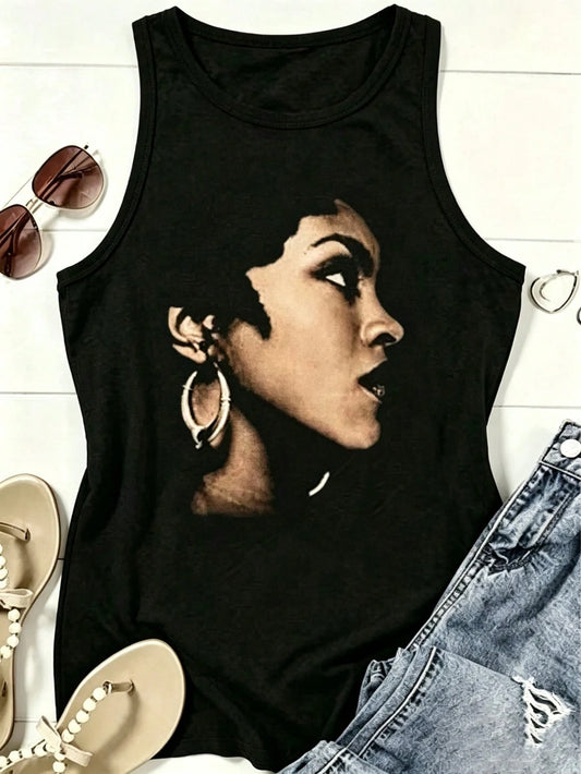 Women's Retro Portrait Print Tank Top, Casual Sleeveless Tops, Summer Outfits For Women, Western Outfits For Women, Vintage Graphic Tees