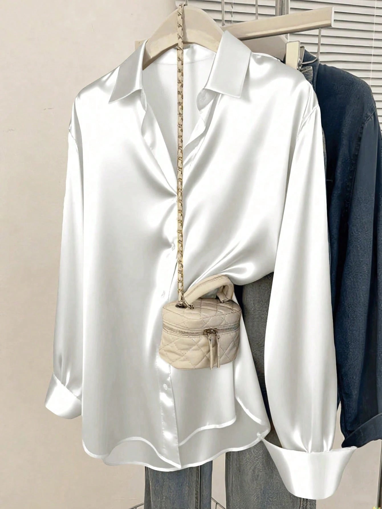 Women's Satin Button-Down Shirt- Collared Business Casual Top White
