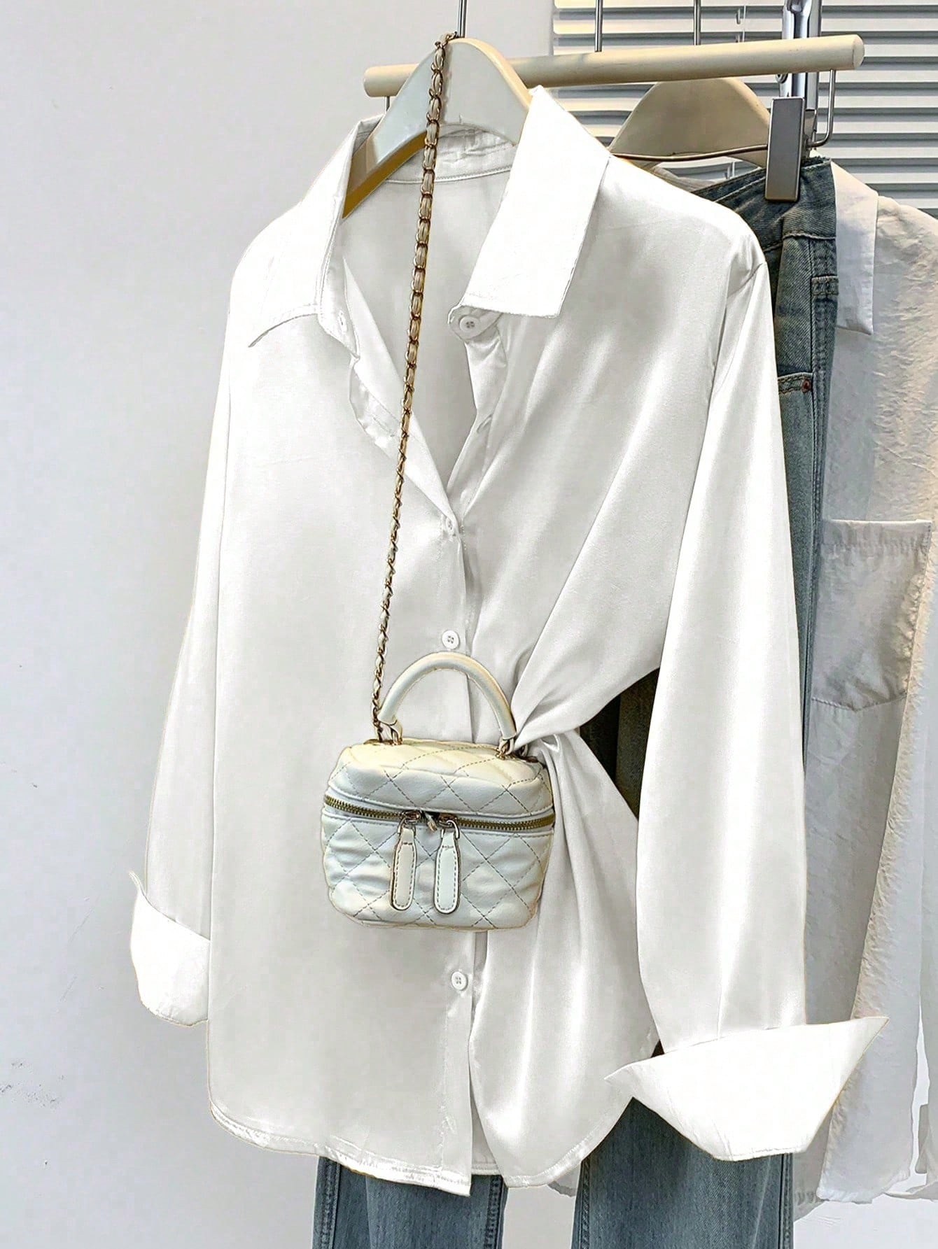 Women's Satin Button-Down Shirt- Collared Business Casual Top White