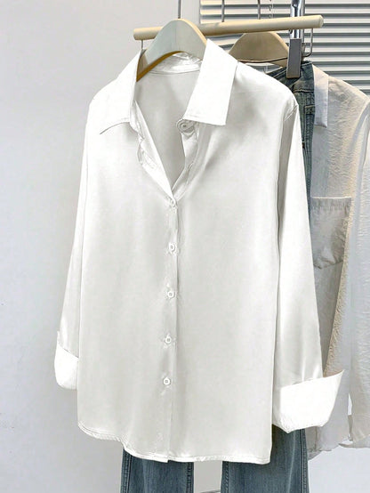 Women's Satin Button-Down Shirt- Collared Business Casual Top White