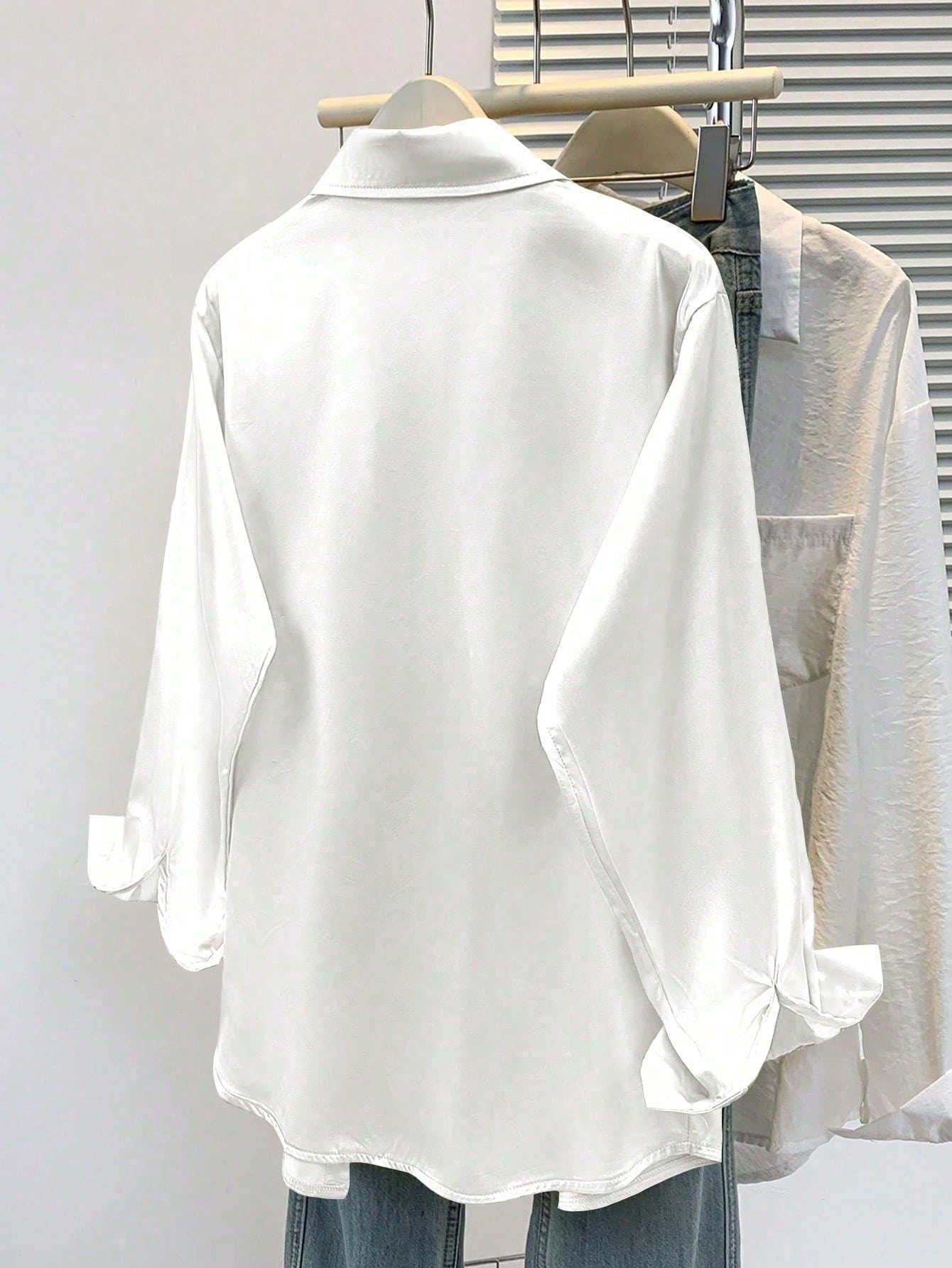 Women's Satin Button-Down Shirt- Collared Business Casual Top White