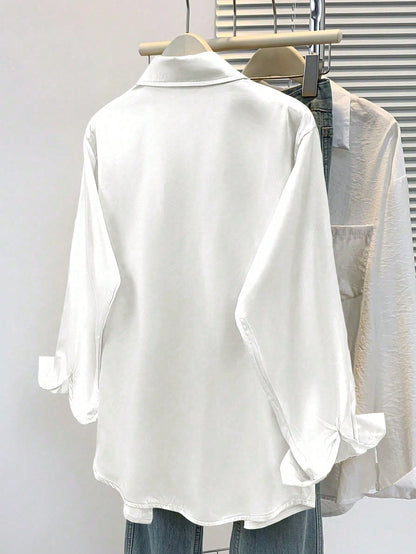 Women's Satin Button-Down Shirt- Collared Business Casual Top White