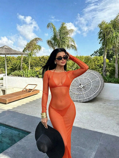 Women's Sexy Bodycon Mesh Sheer Off-Shoulder Long Sleeve Dress, Summer Elegant, Aesthetic