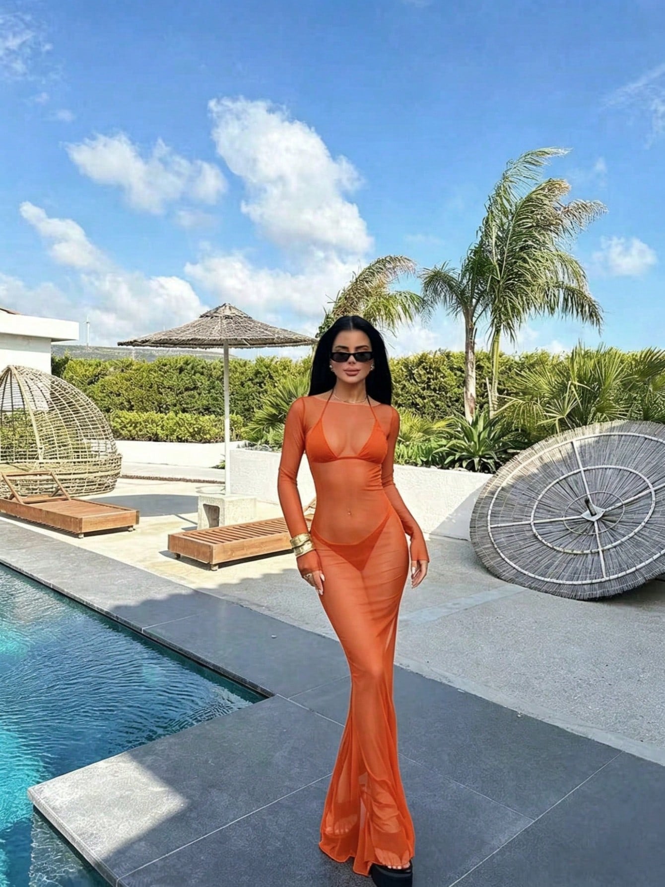 Women's Sexy Bodycon Mesh Sheer Off-Shoulder Long Sleeve Dress, Summer Elegant, Aesthetic