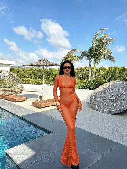 Women's Sexy Bodycon Mesh Sheer Off-Shoulder Long Sleeve Dress, Summer Elegant, Aesthetic