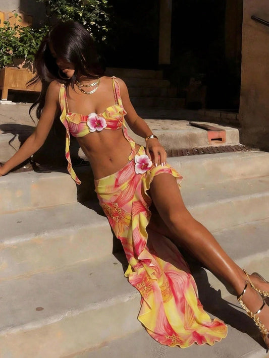Women's Sexy Elegant Three Piece Pink Yellow Gradient Floral Print Bikini Dress Set,3D Floral Ruffle Design,Summer Beach Vacations,Parties Swimwear
