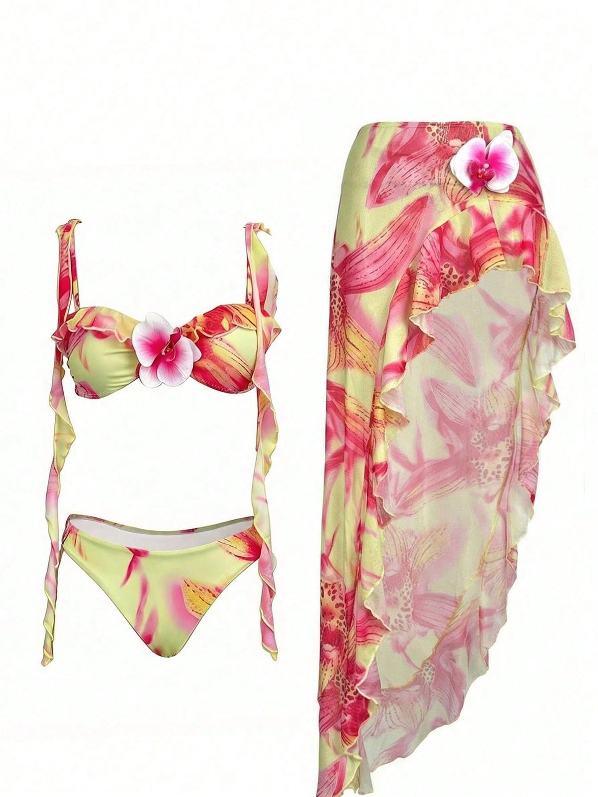 Women's Sexy Elegant Three Piece Pink Yellow Gradient Floral Print Bikini Dress Set,3D Floral Ruffle Design,Summer Beach Vacations,Parties Swimwear