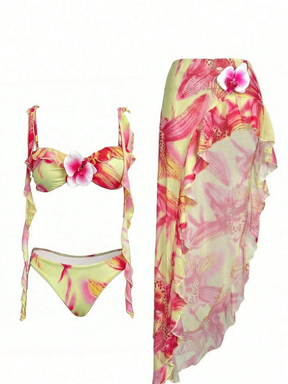 Women's Sexy Elegant Three Piece Pink Yellow Gradient Floral Print Bikini Dress Set,3D Floral Ruffle Design,Summer Beach Vacations,Parties Swimwear