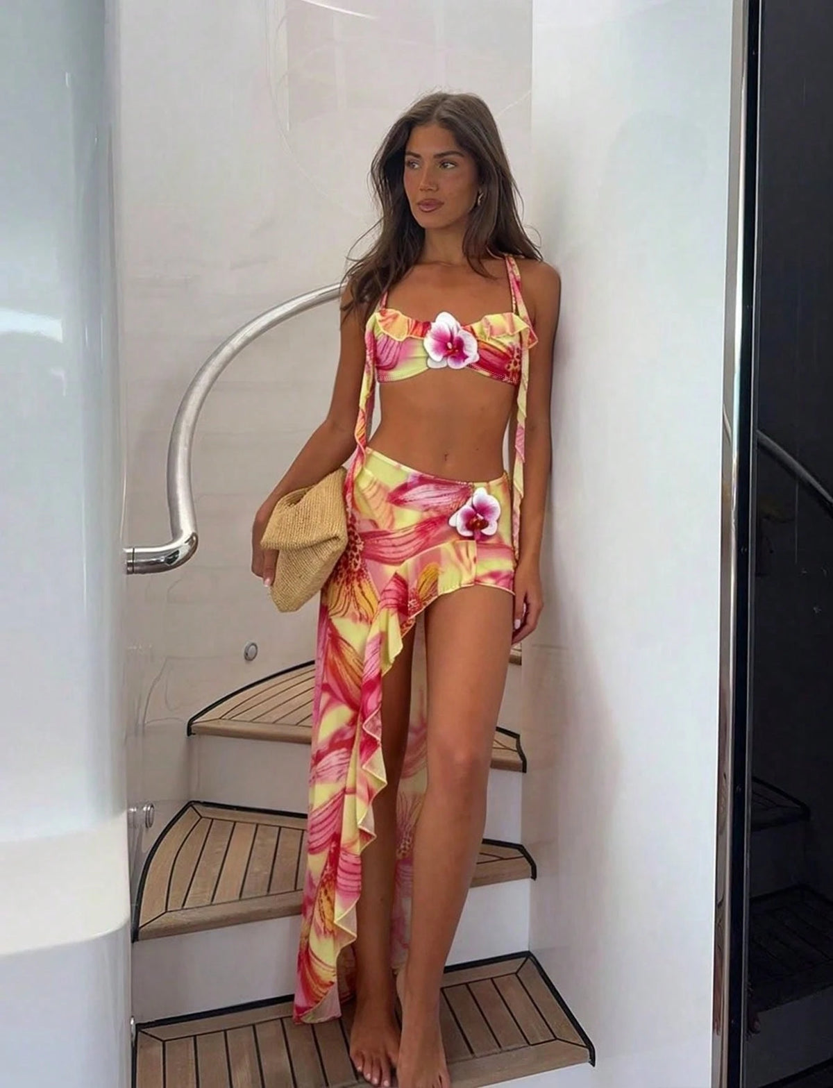 Women's Sexy Elegant Three Piece Pink Yellow Gradient Floral Print Bikini Dress Set,3D Floral Ruffle Design,Summer Beach Vacations,Parties Swimwear
