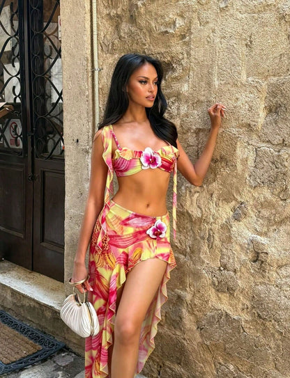 Women's Sexy Elegant Three Piece Pink Yellow Gradient Floral Print Bikini Dress Set,3D Floral Ruffle Design,Summer Beach Vacations,Parties Swimwear