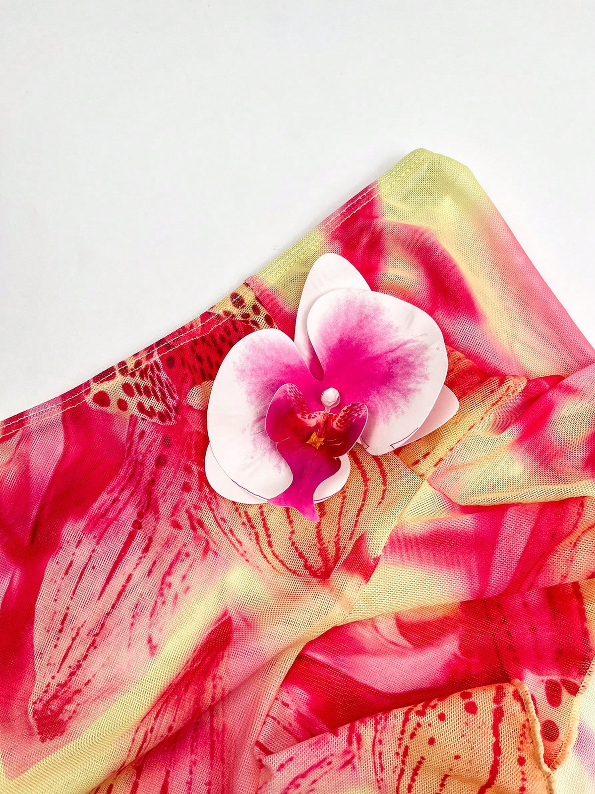 Women's Sexy Elegant Three Piece Pink Yellow Gradient Floral Print Bikini Dress Set,3D Floral Ruffle Design,Summer Beach Vacations,Parties Swimwear