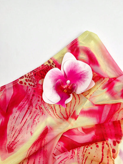 Women's Sexy Elegant Three Piece Pink Yellow Gradient Floral Print Bikini Dress Set,3D Floral Ruffle Design,Summer Beach Vacations,Parties Swimwear