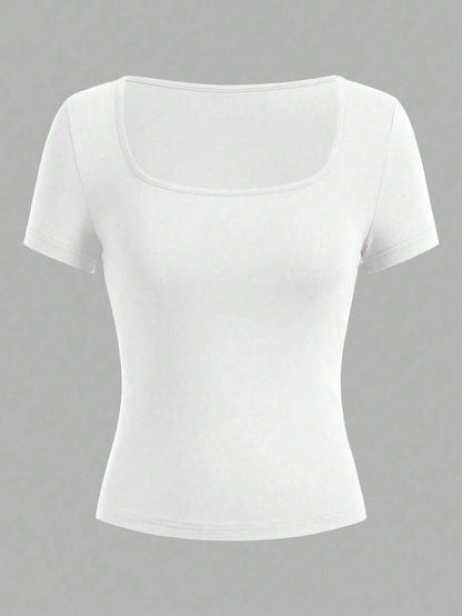 Women's Sexy Fitted Short Sleeve Top, Solid Color Square Neck Casual T-Shirt, Spring/Summer White