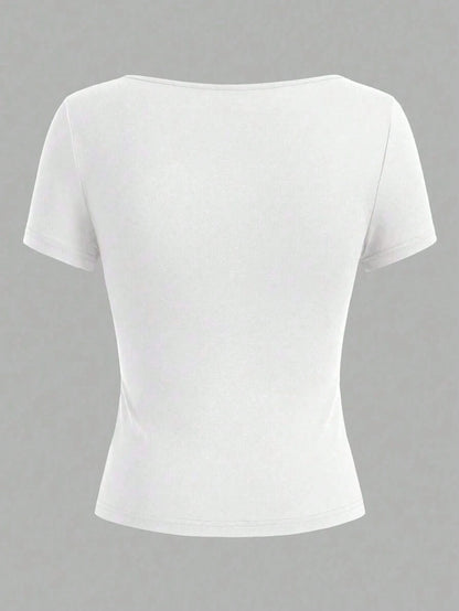 Women's Sexy Fitted Short Sleeve Top, Solid Color Square Neck Casual T-Shirt, Spring/Summer White