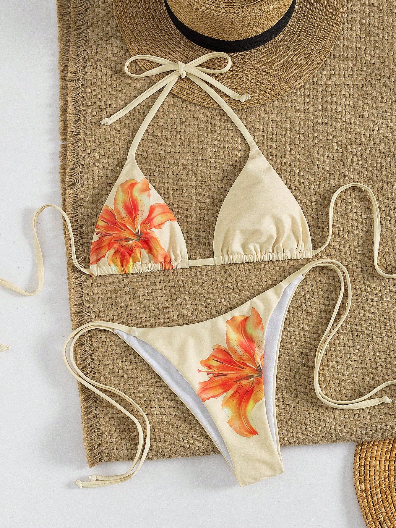 Women's Sexy Floral Halter Backless High Stretch Bikini Set, Perfect For A Stylish Beach Day Or Poolside Glamour Vacation Yellow, Resortwear Summer
