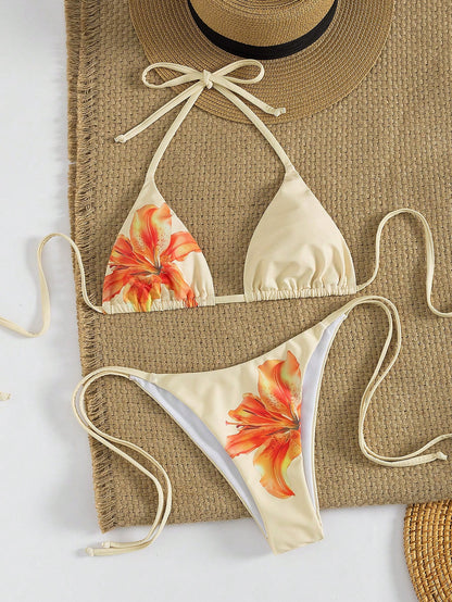 Women's Sexy Floral Halter Backless High Stretch Bikini Set, Perfect For A Stylish Beach Day Or Poolside Glamour Vacation Yellow, Resortwear Summer