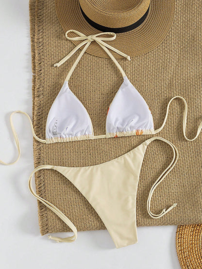 Women's Sexy Floral Halter Backless High Stretch Bikini Set, Perfect For A Stylish Beach Day Or Poolside Glamour Vacation Yellow, Resortwear Summer