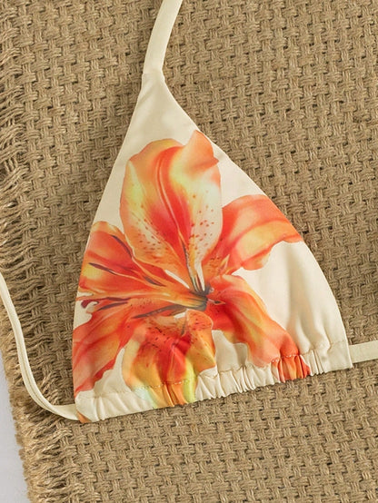 Women's Sexy Floral Halter Backless High Stretch Bikini Set, Perfect For A Stylish Beach Day Or Poolside Glamour Vacation Yellow, Resortwear Summer