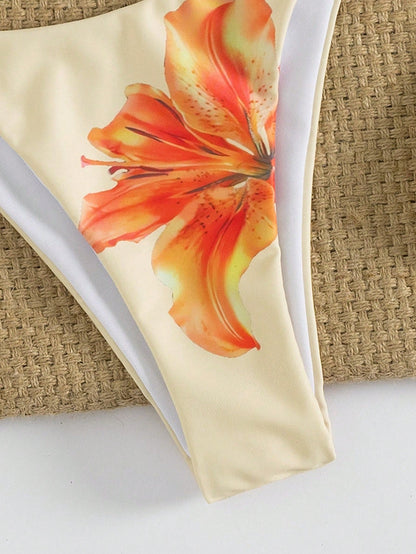 Women's Sexy Floral Halter Backless High Stretch Bikini Set, Perfect For A Stylish Beach Day Or Poolside Glamour Vacation Yellow, Resortwear Summer