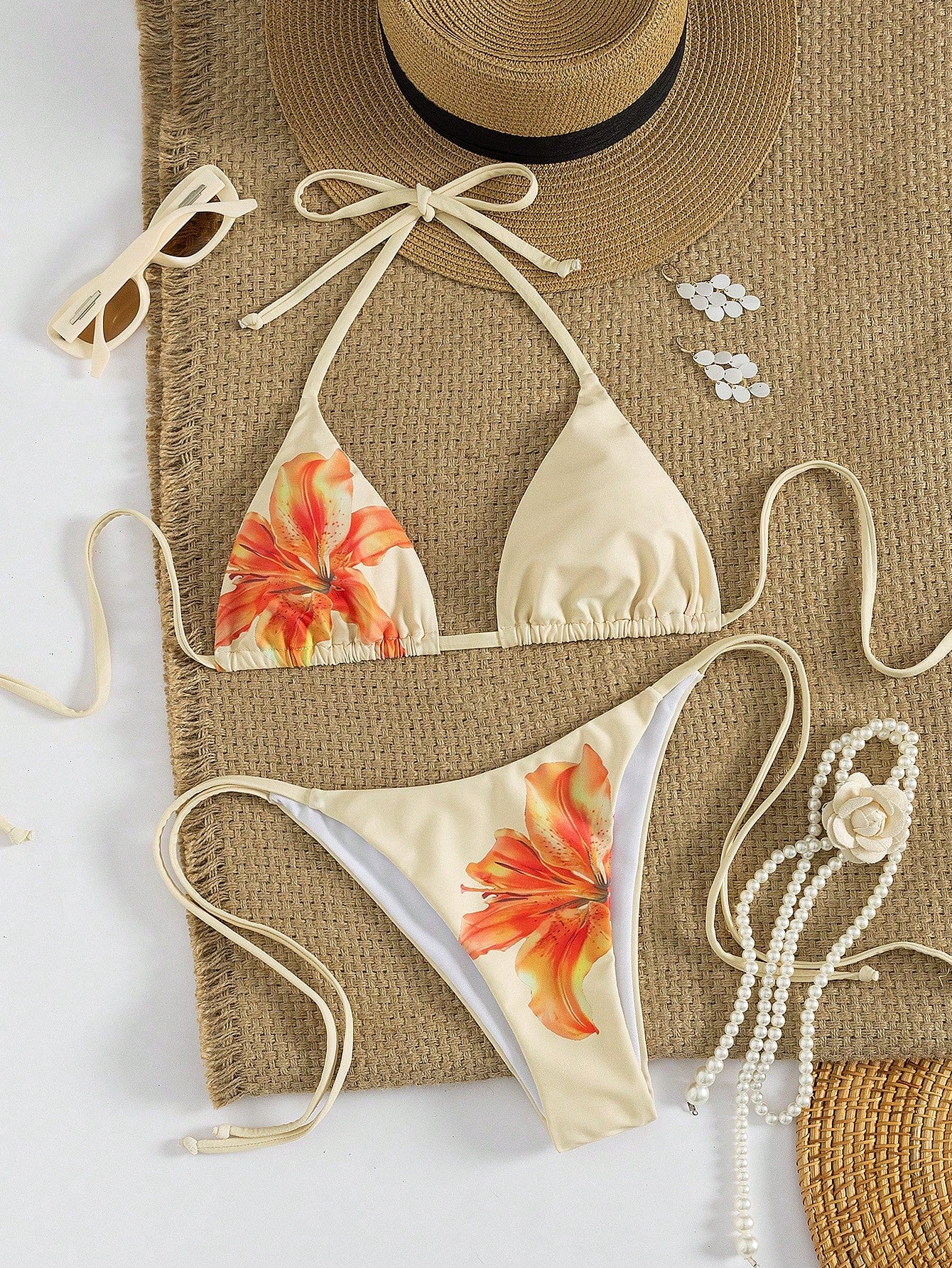 Women's Sexy Floral Halter Backless High Stretch Bikini Set, Perfect For A Stylish Beach Day Or Poolside Glamour Vacation Yellow, Resortwear Summer