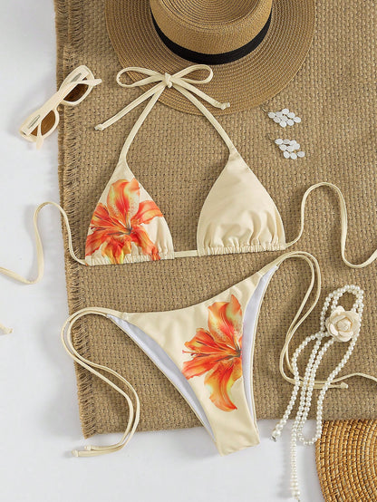 Women's Sexy Floral Halter Backless High Stretch Bikini Set, Perfect For A Stylish Beach Day Or Poolside Glamour Vacation Yellow, Resortwear Summer