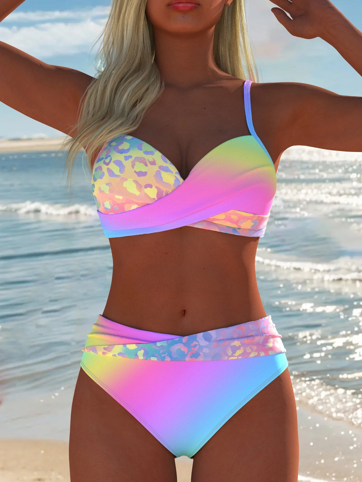 Women's Sexy Gradient Leopard Print Bikini Set, Spaghetti Strap Top, Summer Beachwear, New Random Print Vacation Travel Swimsuit