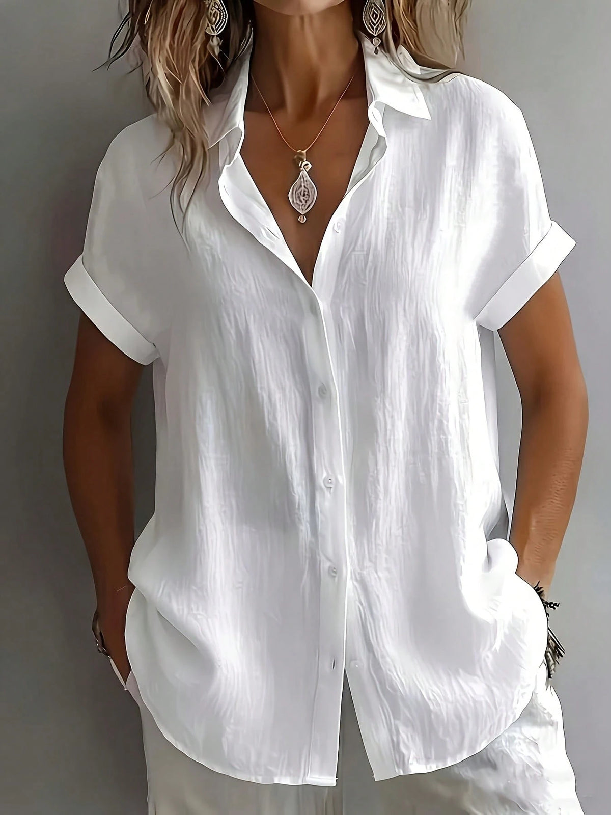 Women's Short Sleeve Blouse Loose Casual Shirt Literary Design White Summer
