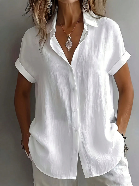 Women's Short Sleeve Blouse Loose Casual Shirt Literary Design White Summer