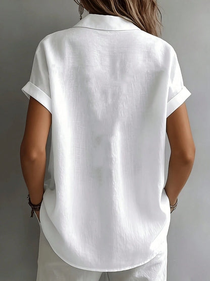 Women's Short Sleeve Blouse Loose Casual Shirt Literary Design White Summer