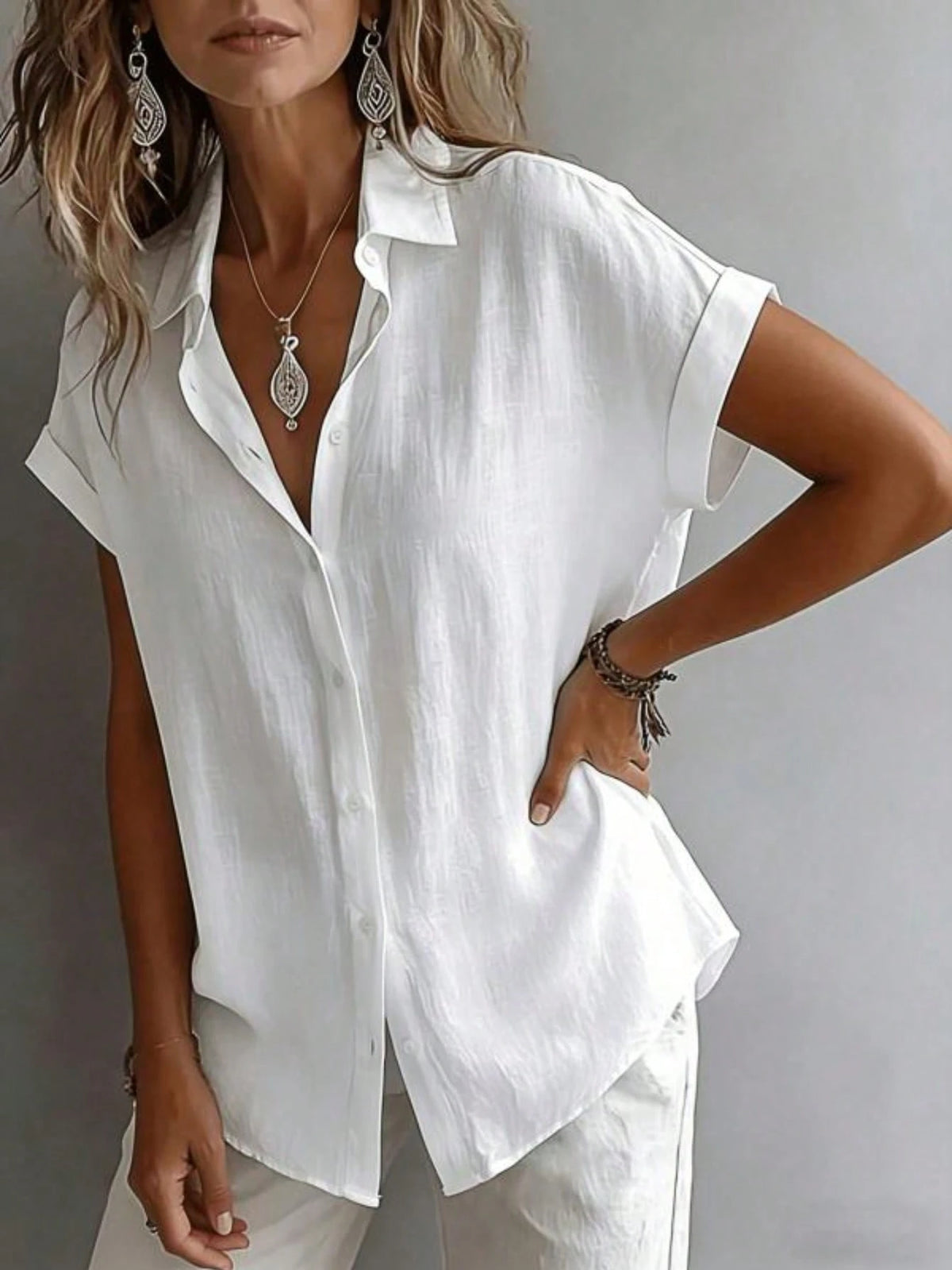 Women's Short Sleeve Blouse Loose Casual Shirt Literary Design White Summer