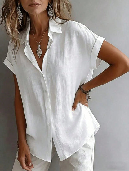 Women's Short Sleeve Blouse Loose Casual Shirt Literary Design White Summer