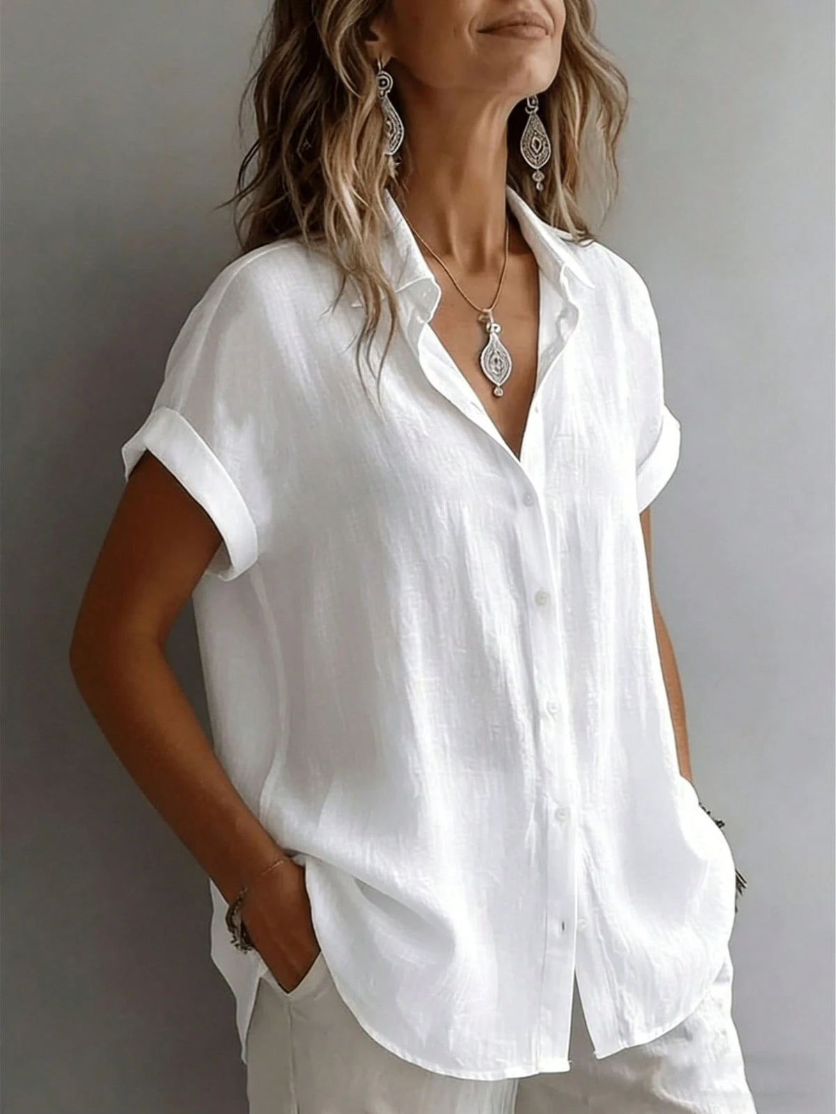 Women's Short Sleeve Blouse Loose Casual Shirt Literary Design White Summer