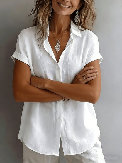 Women's Short Sleeve Blouse Loose Casual Shirt Literary Design White Summer