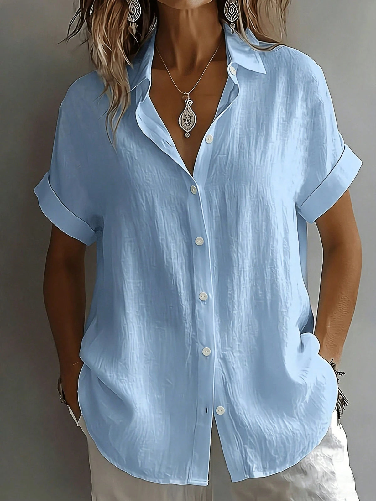 Women's Short Sleeve Blouse Loose Casual Shirt Literary Design White Summer
