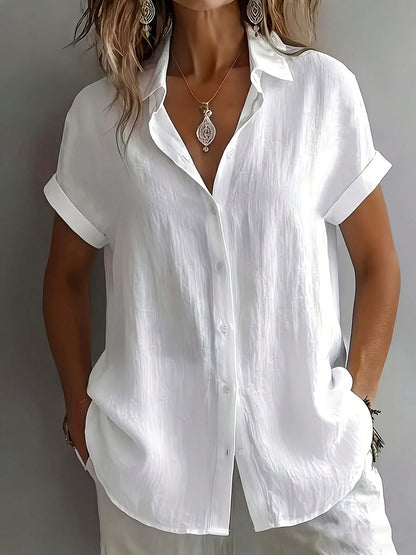 Women's Short Sleeve Blouse Loose Casual Shirt Literary Design White Summer