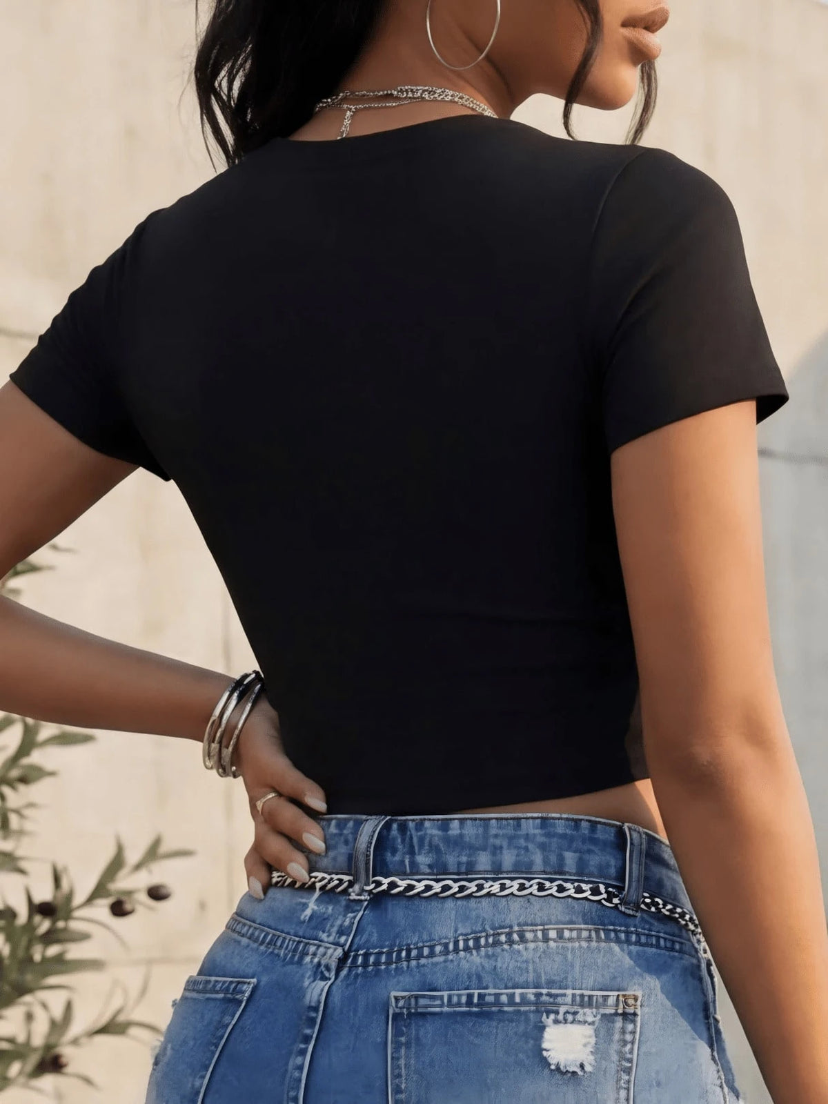 Women's Short Sleeve Crew Neck Fitted T-Shirt, Spring/Summer Casual Style, Women's Basic Top, Cropped Top, Outdoor Top Black