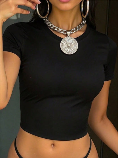 Women's Short Sleeve Crew Neck Fitted T-Shirt, Spring/Summer Casual Style, Women's Basic Top, Cropped Top, Outdoor Top Black