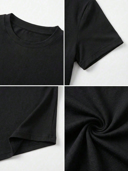 Women's Short Sleeve Crew Neck Fitted T-Shirt, Spring/Summer Casual Style, Women's Basic Top, Cropped Top, Outdoor Top Black