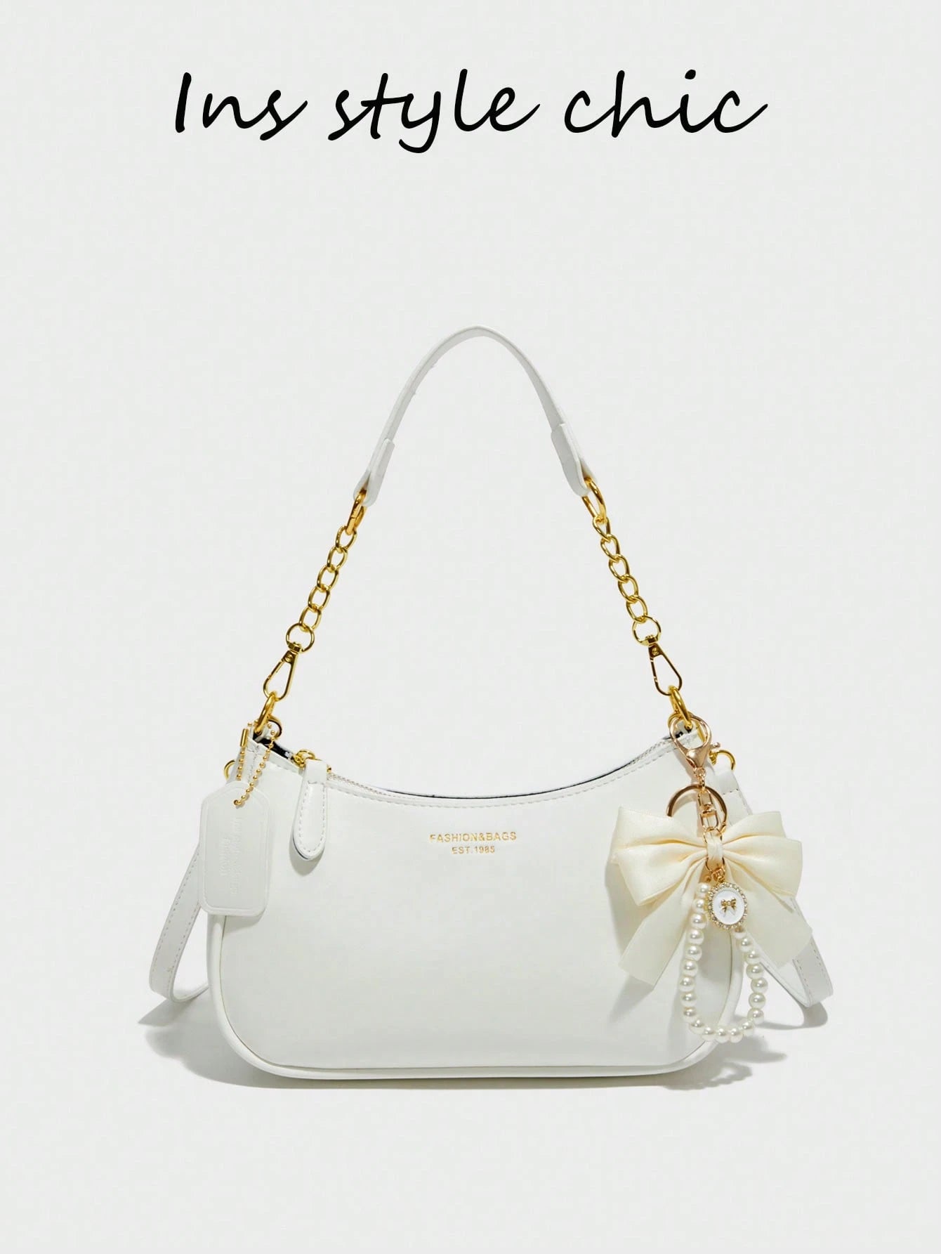 Women's Shoulder Bag  Made Of Solid Color PU Material, Decorated With Letter Accents, Bow, And Pearl Pendant, Cream Bag