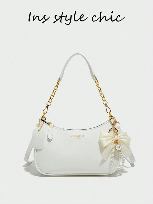 Women's Shoulder Bag  Made Of Solid Color PU Material, Decorated With Letter Accents, Bow, And Pearl Pendant, Cream Bag