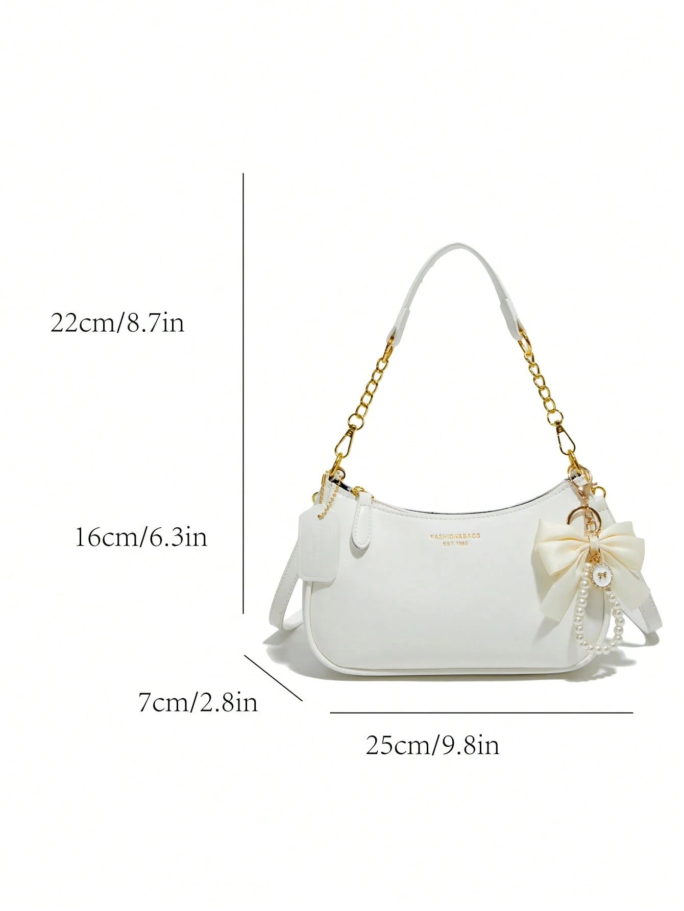 Women's Shoulder Bag  Made Of Solid Color PU Material, Decorated With Letter Accents, Bow, And Pearl Pendant, Cream Bag